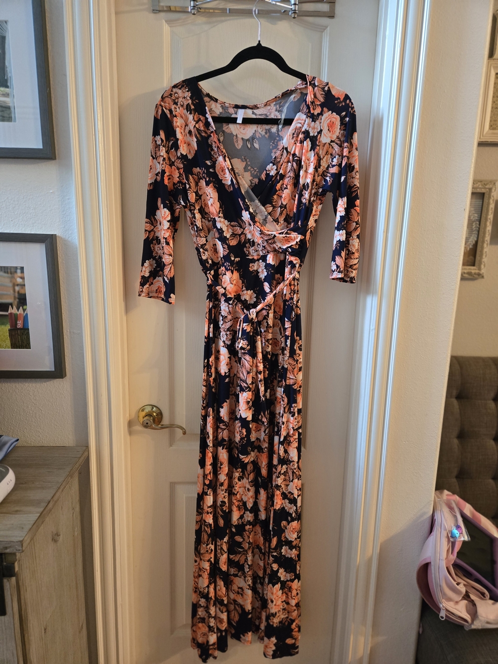 Pink Blush Floral Wrap Maxi Maternity Dress in Navy and Peach XL Like New